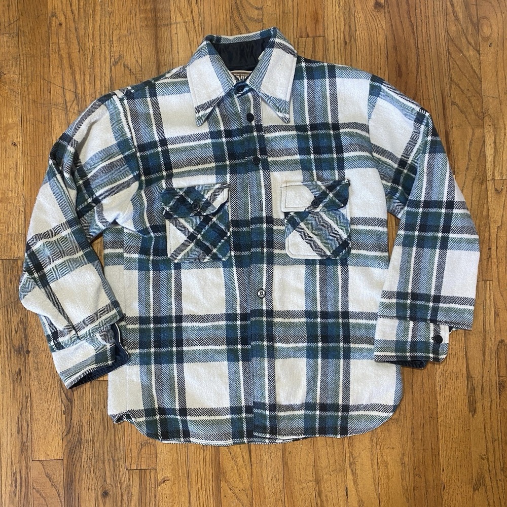 Vintage 70s Montgomery Ward Wool Blend Shirt, White Blue Green Plaid Medium
